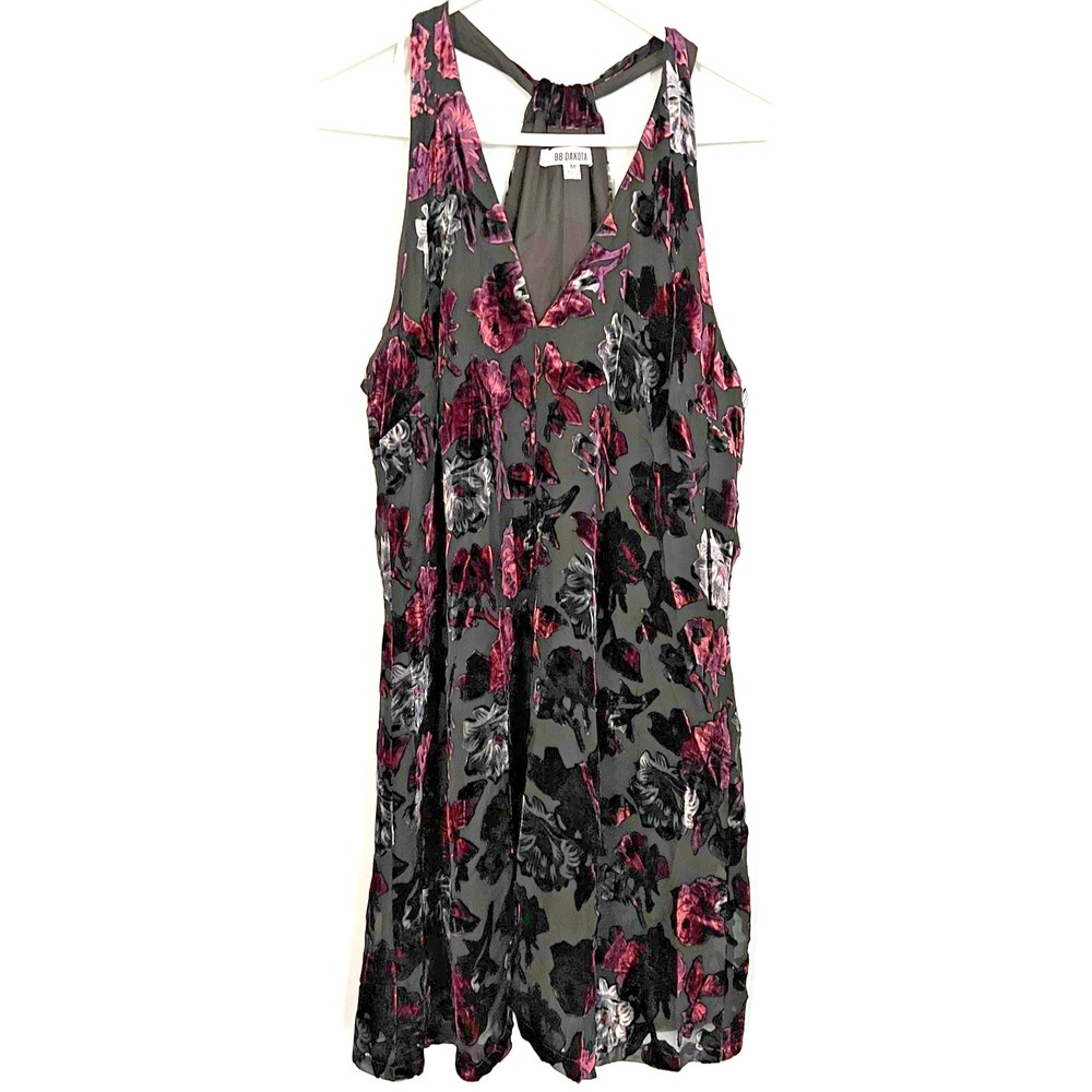 BB Dakota Dress Womens Medium Black Floral Burnout Velvet V Neck Halter BF48159